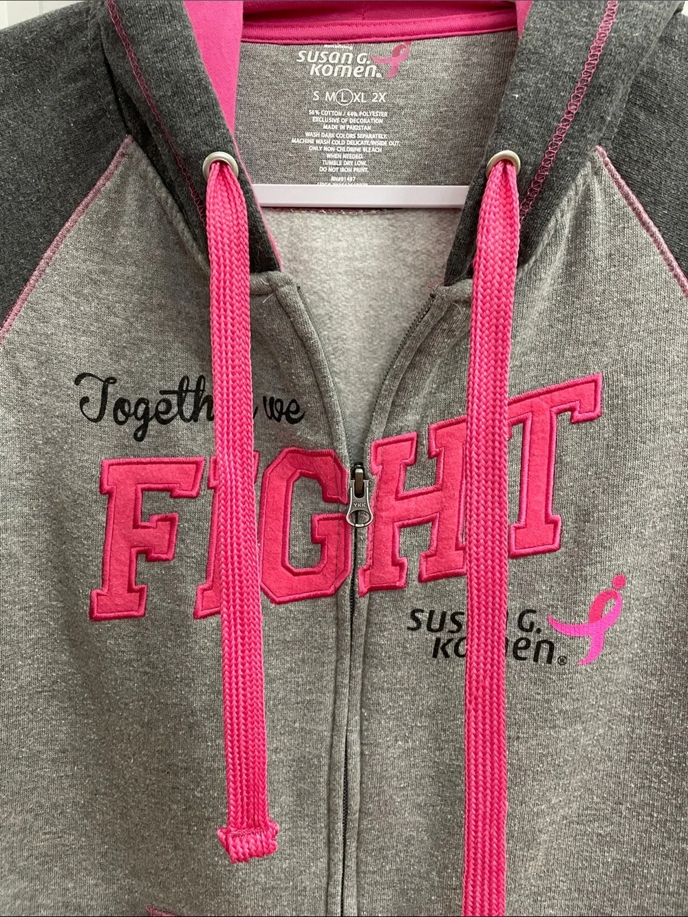 SUSAN G. KOMEN Gray and Pink 'Fight' Zip-Up  Hoodie Size Large